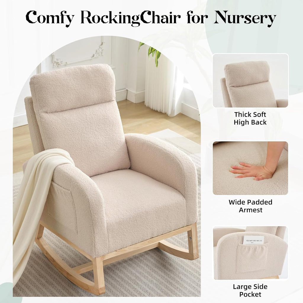 Nursery Glider Rocking Chair with 2 Side Pockets - Solid Wood Legs, Cozy Armchair for Baby Room, Living Room, Bedroom, Comfortable Nursery Essential(Beige)