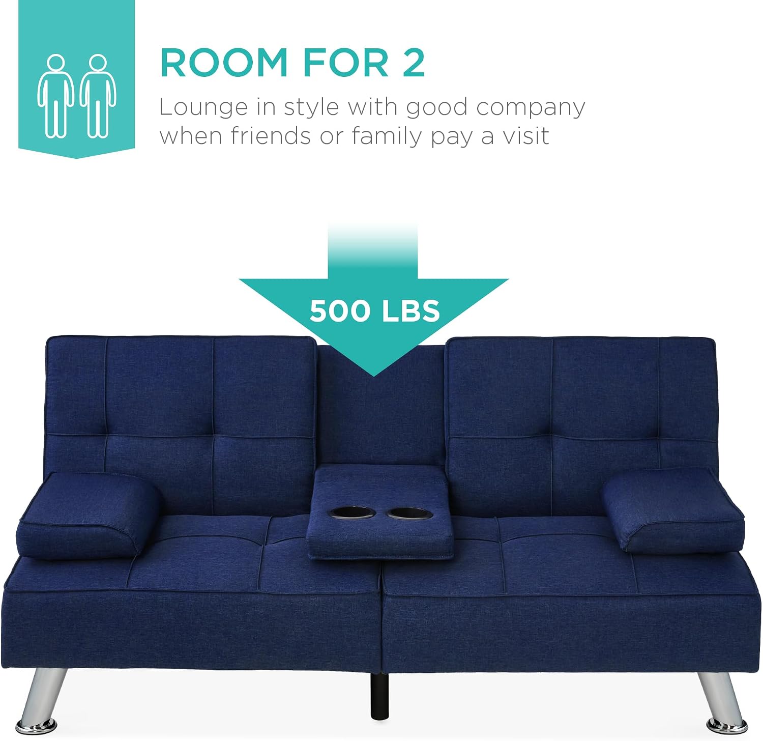 Best Choice Products Linen Modern Folding Futon, Reclining Sofa Bed for Apartment, Dorm w/Removable Armrests, 2 Cupholders - Dark Blue