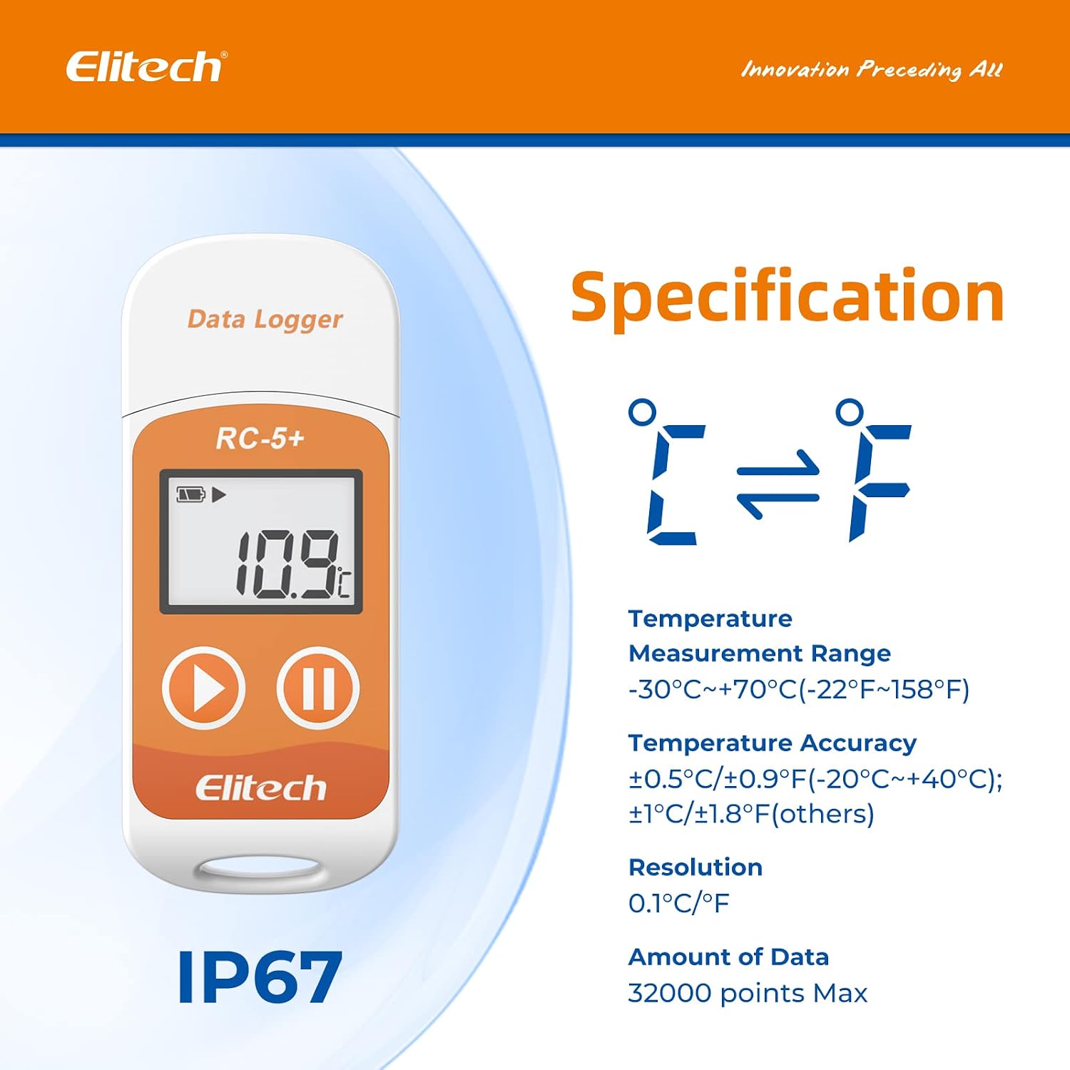 Elitech RC-5+ Digital PDF USB Temperature Data Logger Reusable Recorder Refrigerator Thermometer 32000 Points High Accuracy (10 Packs)