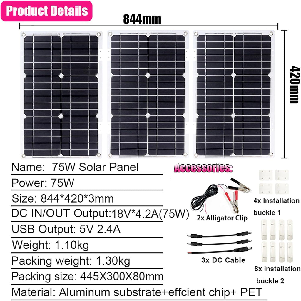 75W Solar Panel with USB Charging Port, 3000W Pure sine Inverter, Fast Charging, Waterproof Solar Inverter Combination kit, Suitable for RV and Party use(12V-110V)