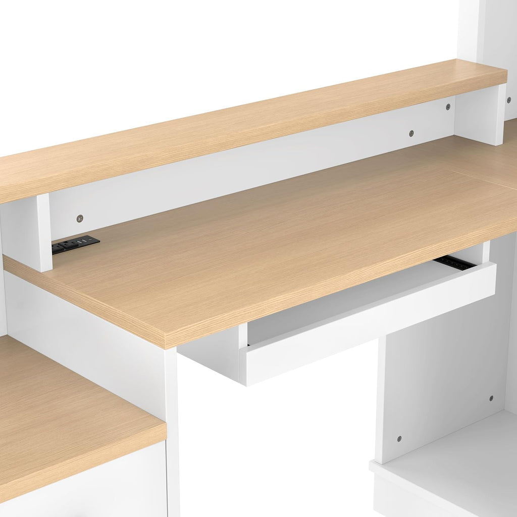 Bellemave L-Shaped Computer Desk with Power Outlet & Storage - Modern Corner Gaming Desk with Bookshelf and Drawers, Study Writing Workstation for Home Office