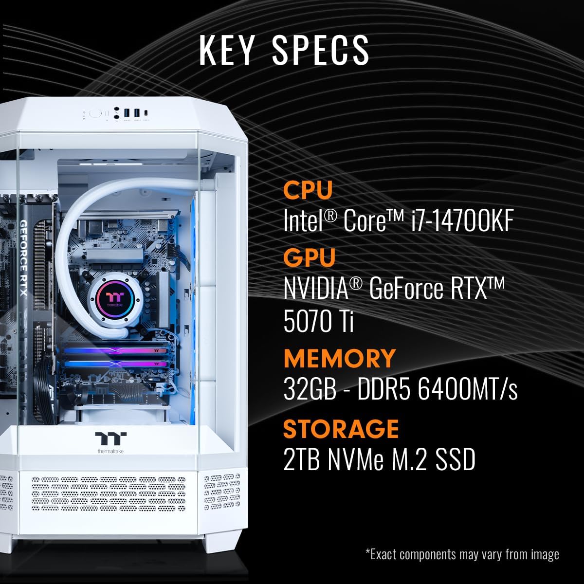Thermaltake LCGS Reactor i1470TS Gaming Desktop (Intel Core™ i7-14700KF, 32GB 6400MT/s DDR5 RGB Memory, NVIDIA GeForce® RTX 5070 Ti, 2TB NVMe M.2, WiFi, Windows 11) T3WT-B760-57T-LCS