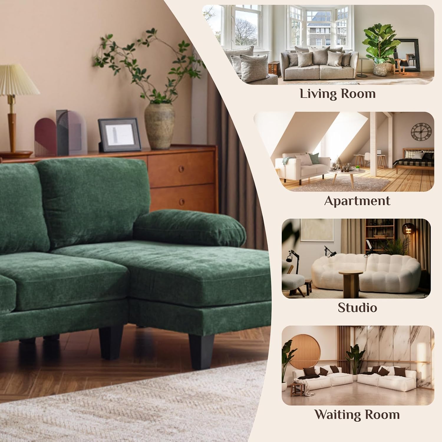 Karl home 111' Sectional Sofa U-Shaped 4-Seat Couch with Chaises Wood Grian Legs Chenille Fabric Upholstered for Living Room, Apartment, Office, Green