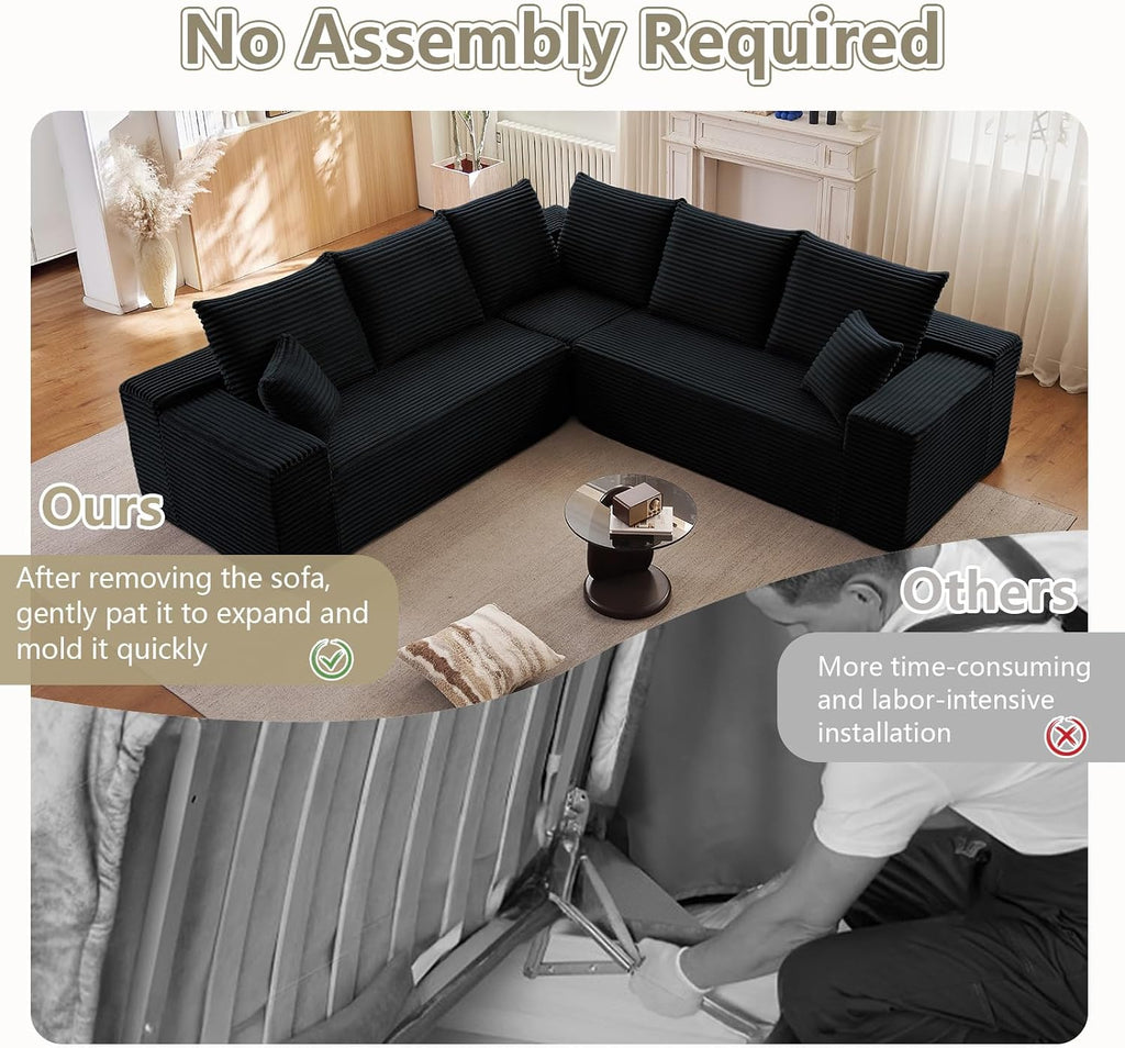 Sectional Cloud Couch for Living Room, Modern Modular Floor Deep-Seat Sofa, Upholstered L Shaped Sofas, Big Comfy Corduroy Couches Set for Living Room Bedroom, No Assembly Required, Black