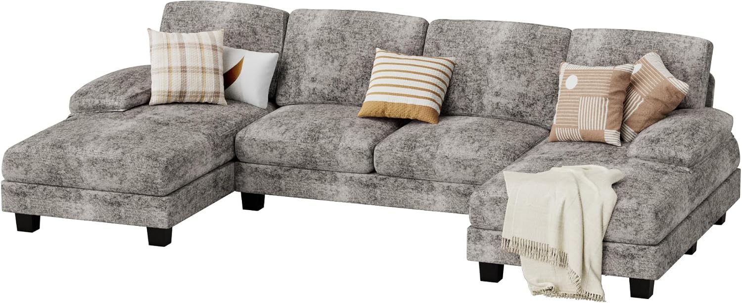 JUMMICO Sectional Couches for Living Room, U Shaped Couch with Chenille Fabric, 4 Seat Modern Sofa with Removable Pillows for Apartment and Small Space (Fabric, Grey)