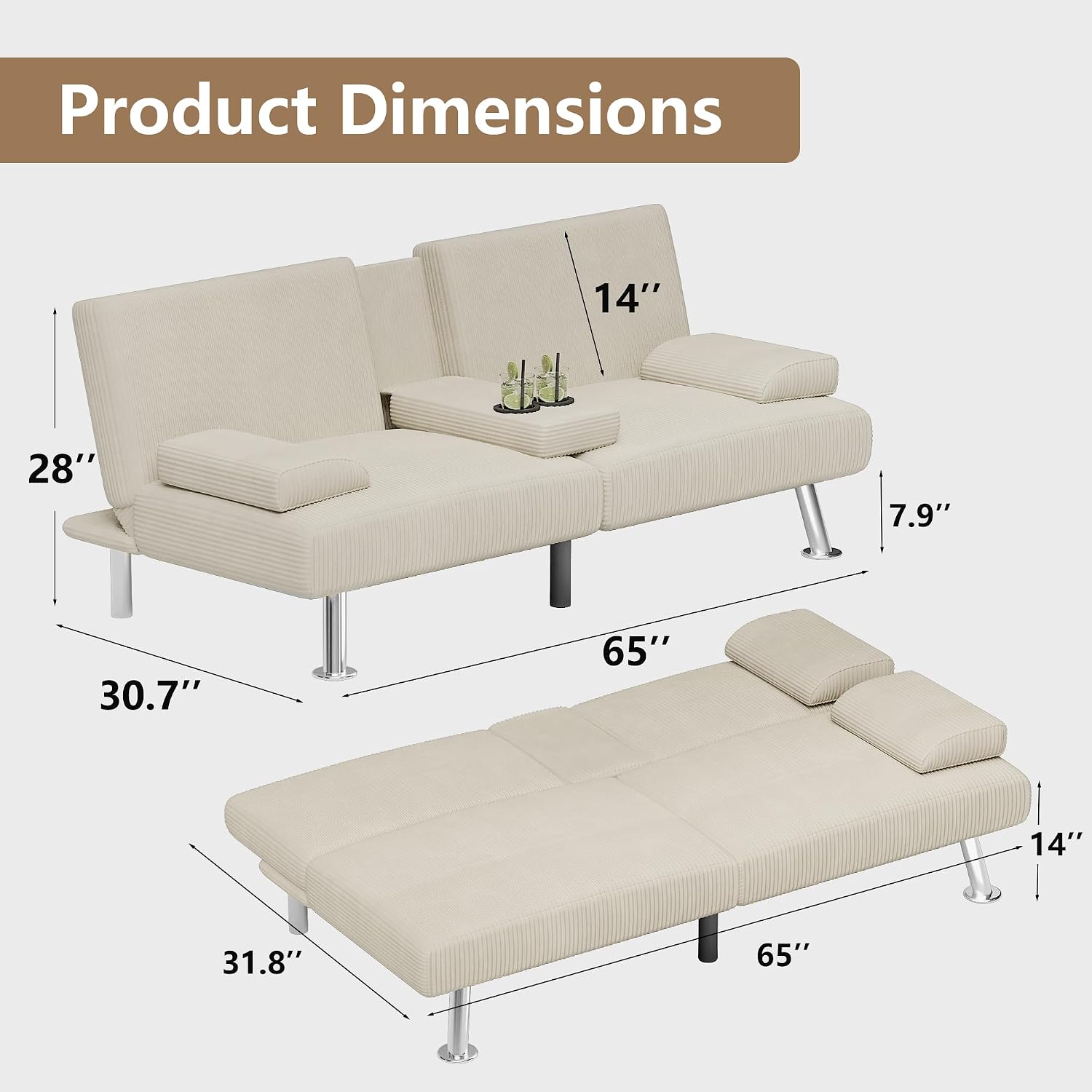 Flamaker Futon Sofa Bed Corduroy Folding Couch Adjustable Sleeper Sofa Bed for Small Apartment Upholstered Living Room Furniture Set with 2 Cup Holders Removable Armrests (Corduroy, Beige)