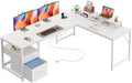 PRAISUN 63 Inch L Shaped Desk with Power Outlets and USB-C Port, Computer Corner Home Office Desk with File Fabric Drawers and Movable Monitor Stand, Larger Storage, Gaming, Writing, Work, White