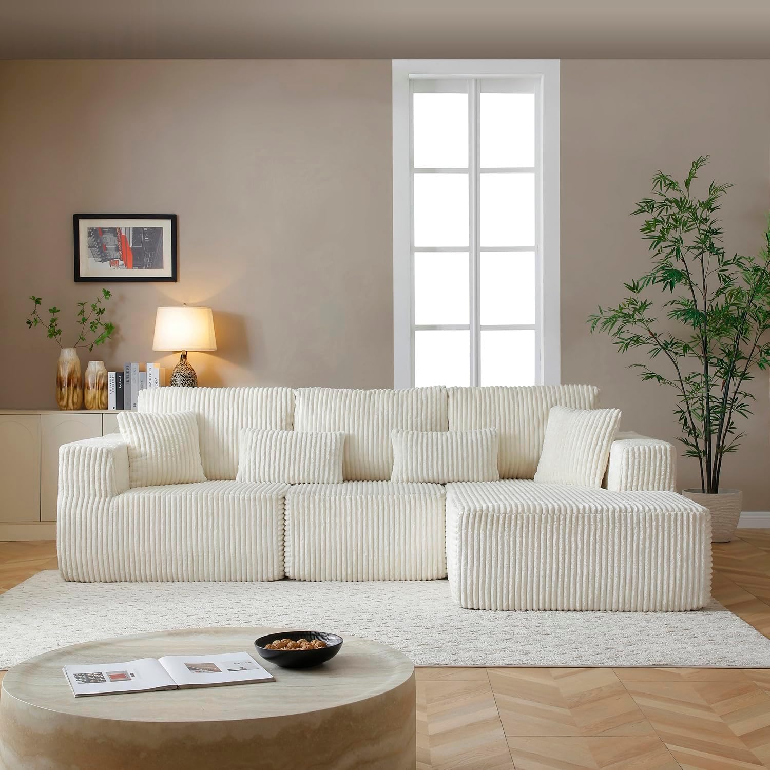 110' Cloud Sectional Couch, Modular Sectional Sofa with Deep Seat, Corduroy Upholstered Boneless Couch for Living Room Bedroom, Left Facing Chaise (Beige, 110' Right Facing Chaise)