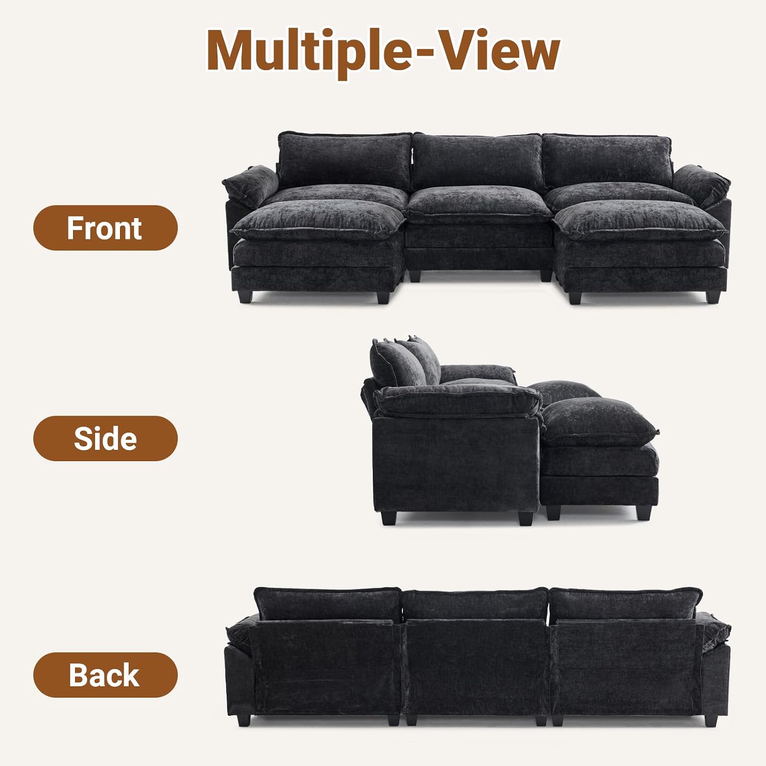 VINGLI 122' Cloud Double-Layer Deep Convertible Sectional Sofa, Comfy L-Shape 3-Seat Couches for Living Room, Modern Couch with Two Movable Ottoman for Small Space, Chenille Black