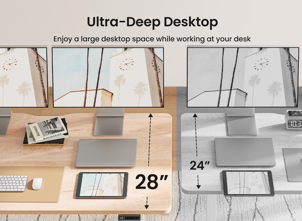 BANTI 55 × 28 Inches Standing Desk, Ergonomic, Electric Height Adjustable, Sit and Stand Up, Computer Office Desk with Splice Board, White Frame/Maple Top