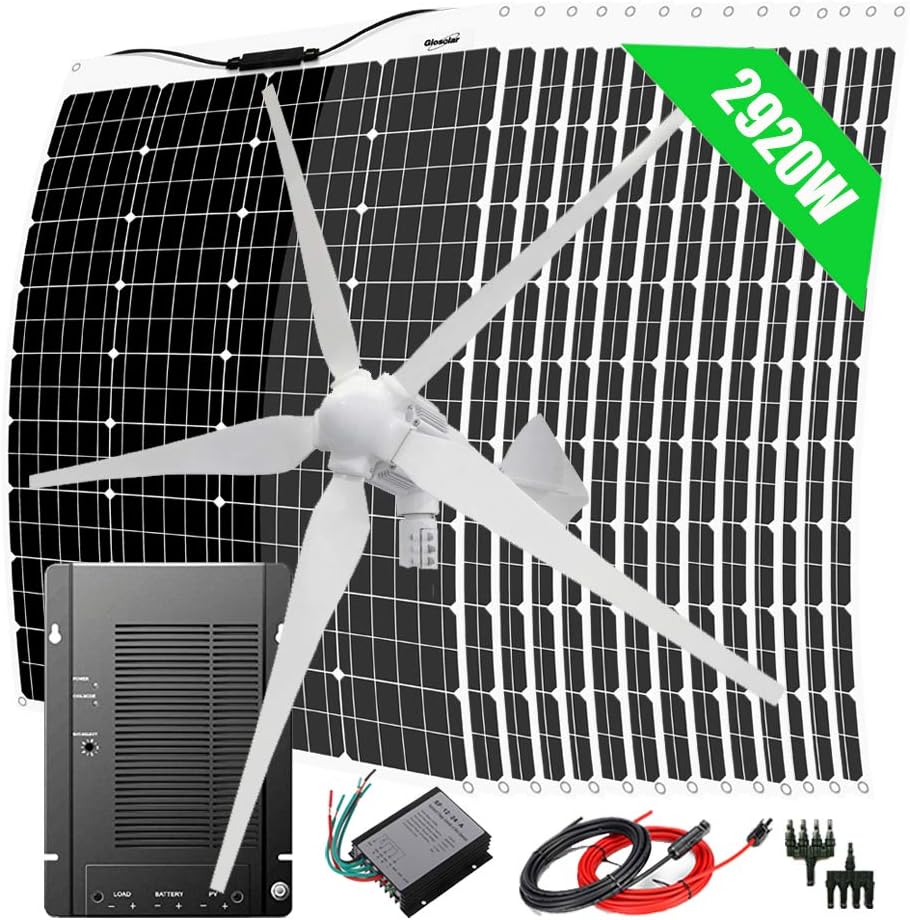 2920W Solar Panel Wind Turbine Generator Kit : 1000 Watts 48V Windmill + 16x 120W Flexible Monocrystalline Solar Panel + 40A MPPT Charge Controller + Cables