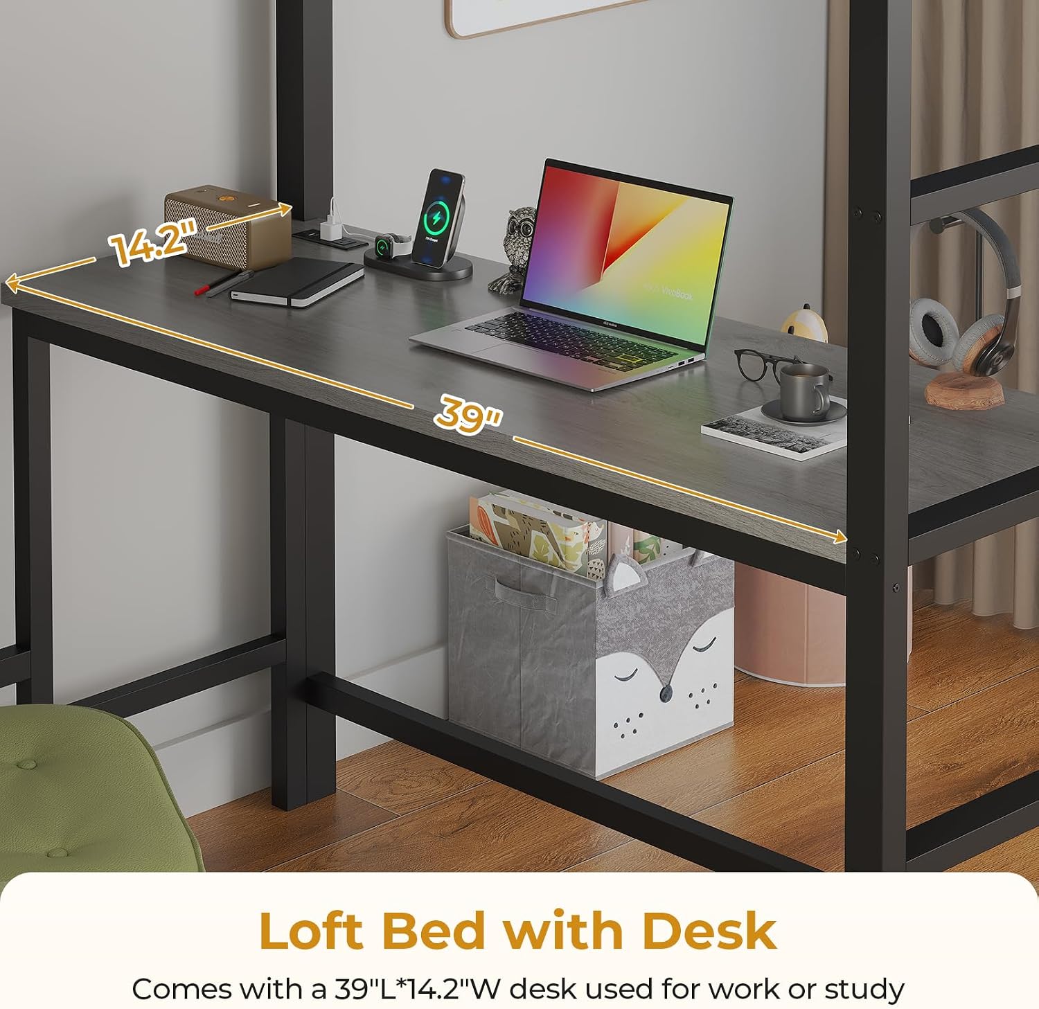 ADORNEVE Twin Size Loft Bed with Desk and 8 Storage Drawers, Metal Loft Bed Twin with LED Lights & Charging Sation, Storage Shelves, 13.1' H Safety Guard & Ladder, No Box Spring Needed, Grey