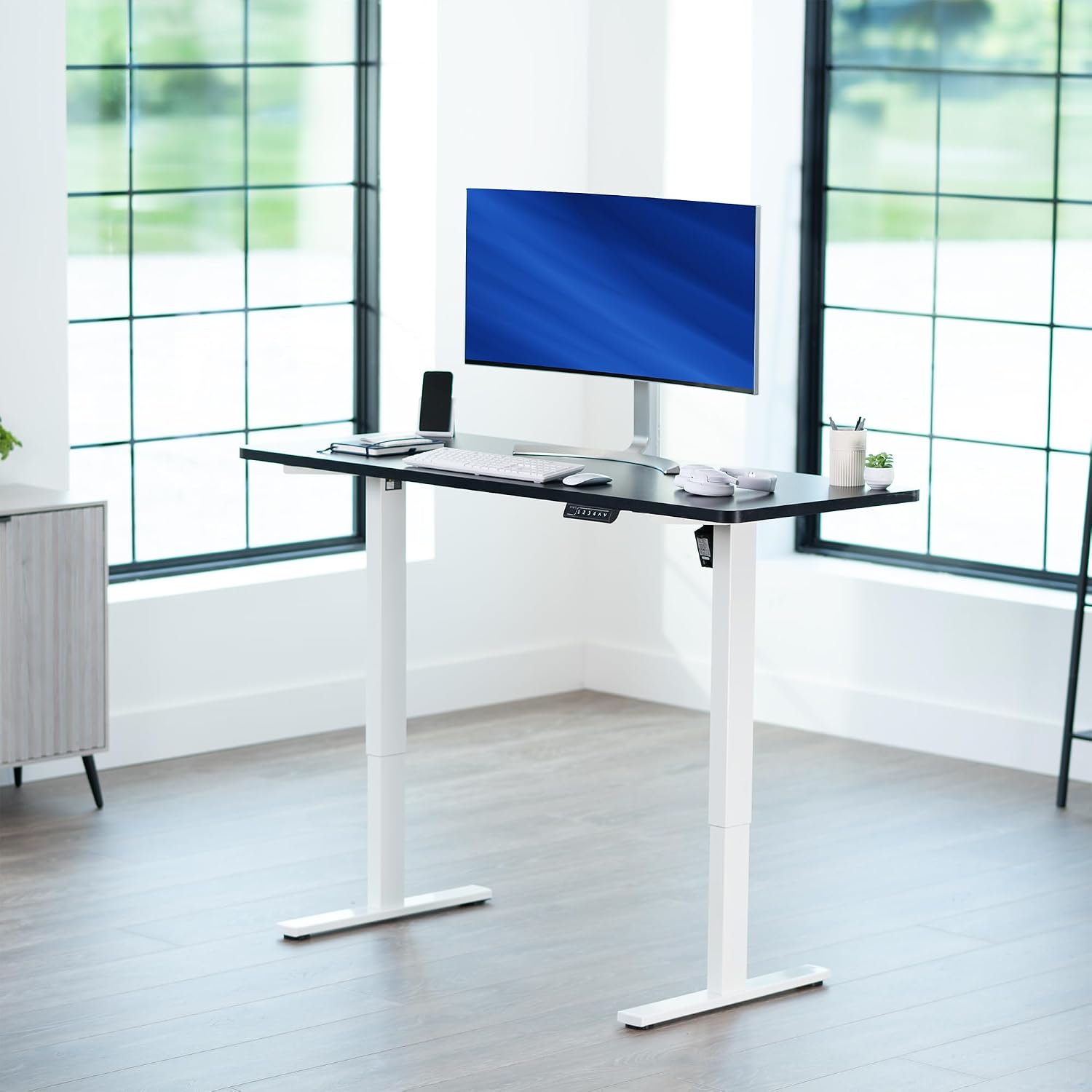 VIVO Electric 60 x 24 in Standing Desk, Memory Height Adjustment, 1B Series, Holds 220 lbs, One-Piece Black Top, White Frame, DESK-KIT-1W6B