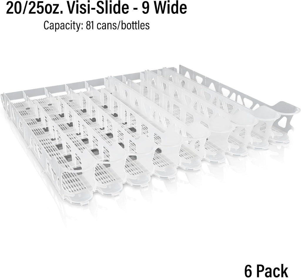 Visi-Slide 20oz Soda Beverage Dispenser - Gravity Fed Glide for Angled Shelves for Coolers, Commercial Refrigerators, Cold Vaults (Pack of 6) Drink Organizer for Cans, Bottles and More