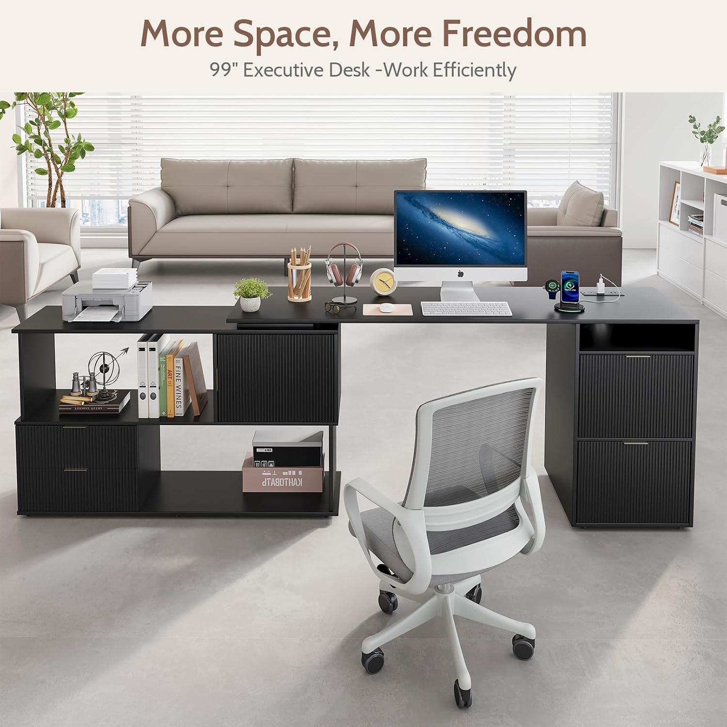 L-Shaped Desk with Drawers & Power Outlet, 180 Rotating Corner Computer Desk with Storage, 66 Inch Office Desk with 5-Drawer, Space-Saving Modern L-Shaped Workstation for Home Office