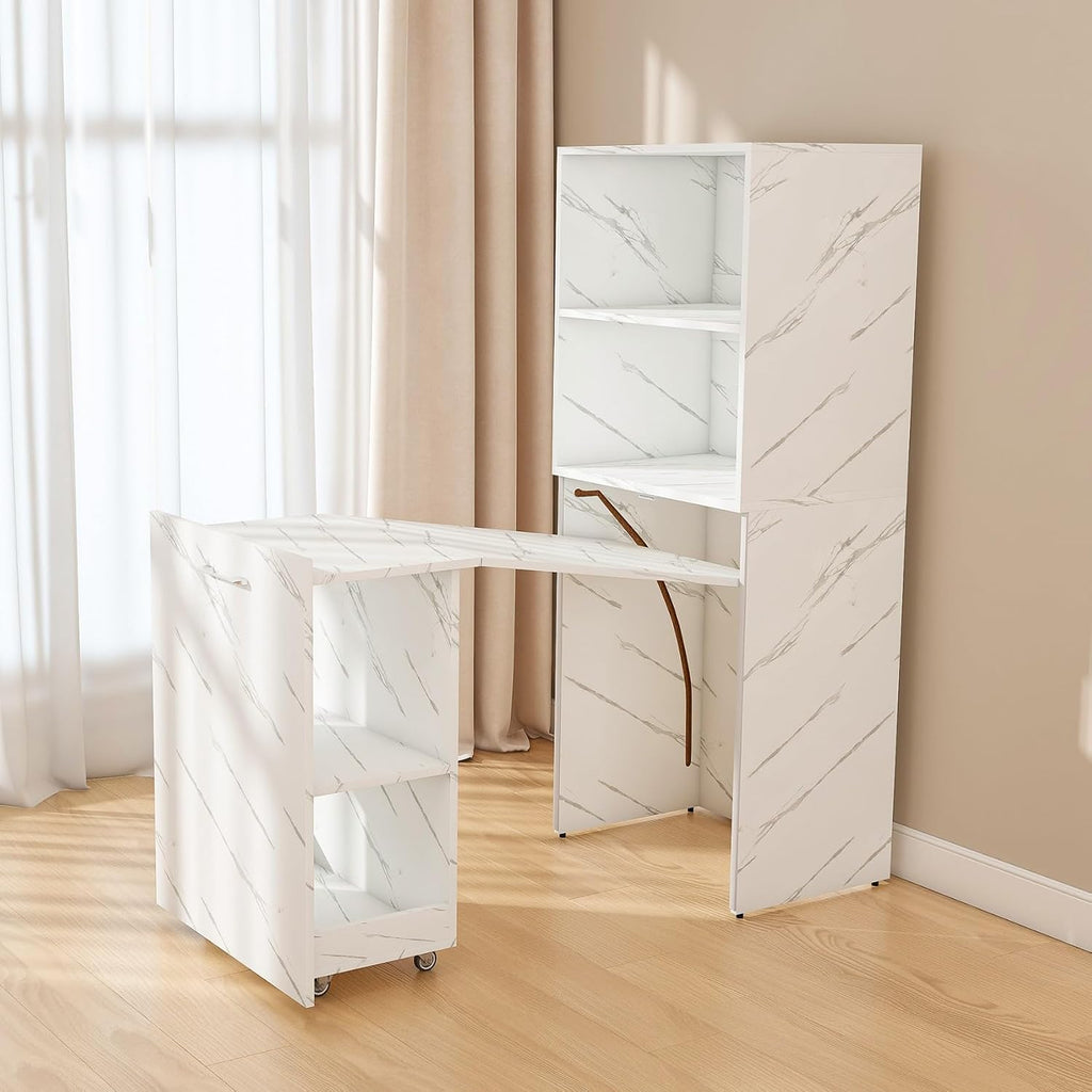 KEIKI Home Office Stretchable Desks with Storage Shelves and Mobile Wheels, Modern Wood Foldable Desk Gaming Computer Corner Table for Apartments Work, Study, Writing, White Marble