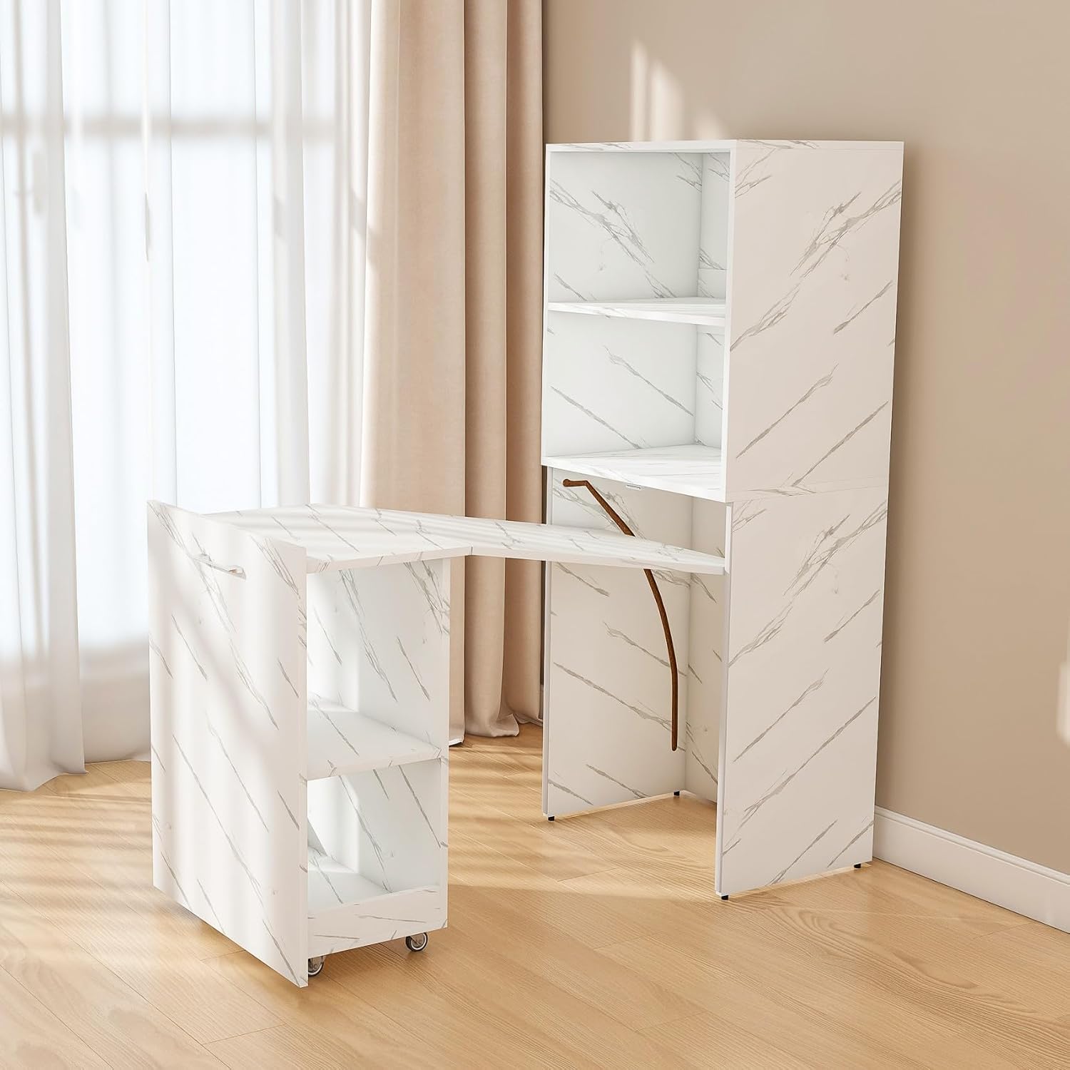 KEIKI Home Office Stretchable Desks with Storage Shelves and Mobile Wheels, Modern Wood Foldable Desk Gaming Computer Corner Table for Apartments Work, Study, Writing, White Marble