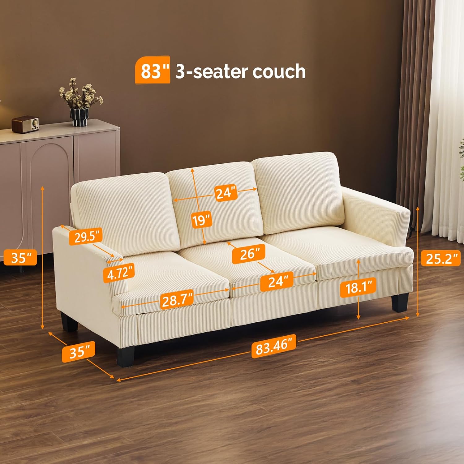 VINGLI Beige 83' Sofa Couches for Living Room, Corduroy Modern Comfy 3 Seater Couch 25.6' Deep Seat Upholstery Cozy Sofas for Small Space, Bedroom, Apartment, Home Office