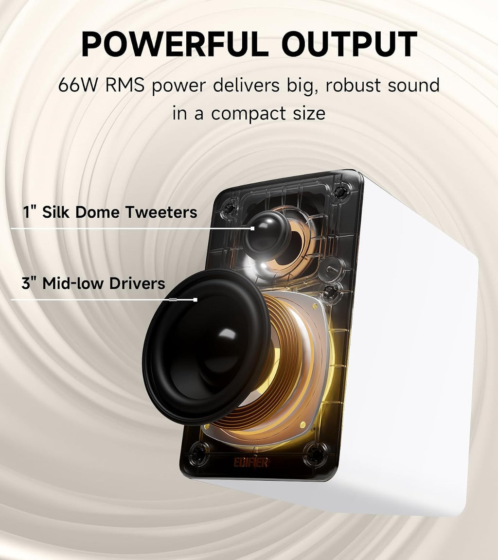 Edifier M60 Multimedia Speaker Bluetooth 5.3, 66W RMS, Hi-Res Audio & Hi-Res Wireless Audio, LDAC,3' Mid Bass & 1' Tweeter, USB-C & Aux Inputs, Compact Desktop Speaker - White