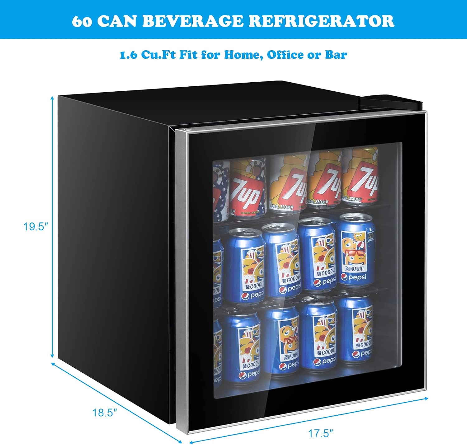 ARLIME Mini Fridge, Drink Cooler, 60 Can, Beverage Refrigerator with Glass Door, Removable Shelves for Soda Beer Wine, Small Drink Refrigerator for Bedroom, Office, Home Kitchen, Bar, 1.6 Cu. Ft.