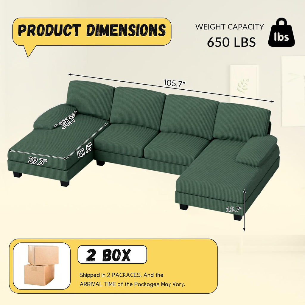 JUMMICO Sectional Couches for Living Room, U Shaped Couch with Chenille Fabric, 4 Seat Modern Sofa with Removable Pillows for Apartment and Small Space (Corduroy, Light Green)