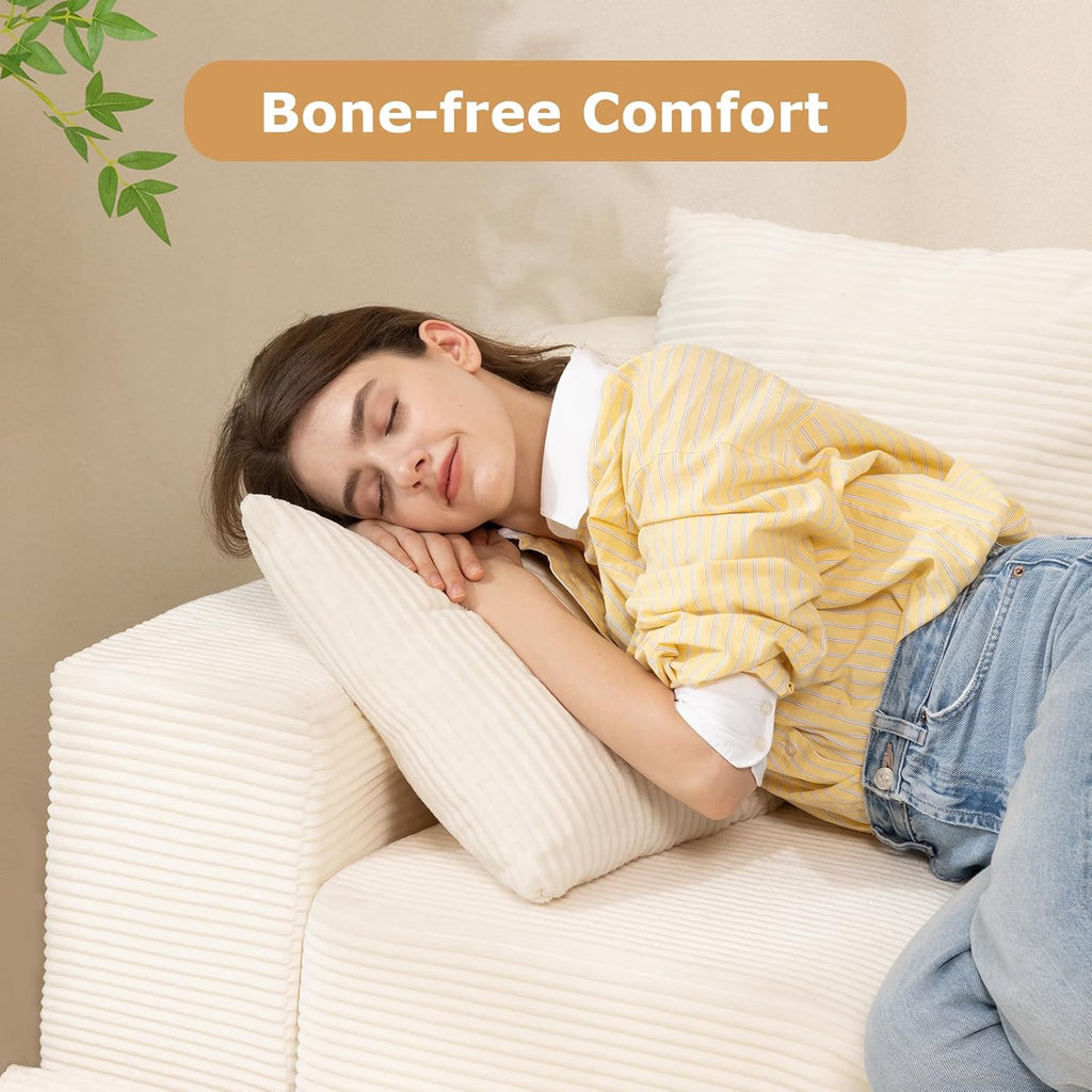 Convertible Futon Sofa Bed with Ottoman, 5 in 1 Folding Couch Bed Loveseat Sleeper, Corduroy Boneless Couch with Deep Seat for Living Room Chaise Lounge Chair Indoor, No Assembly Required, Beige