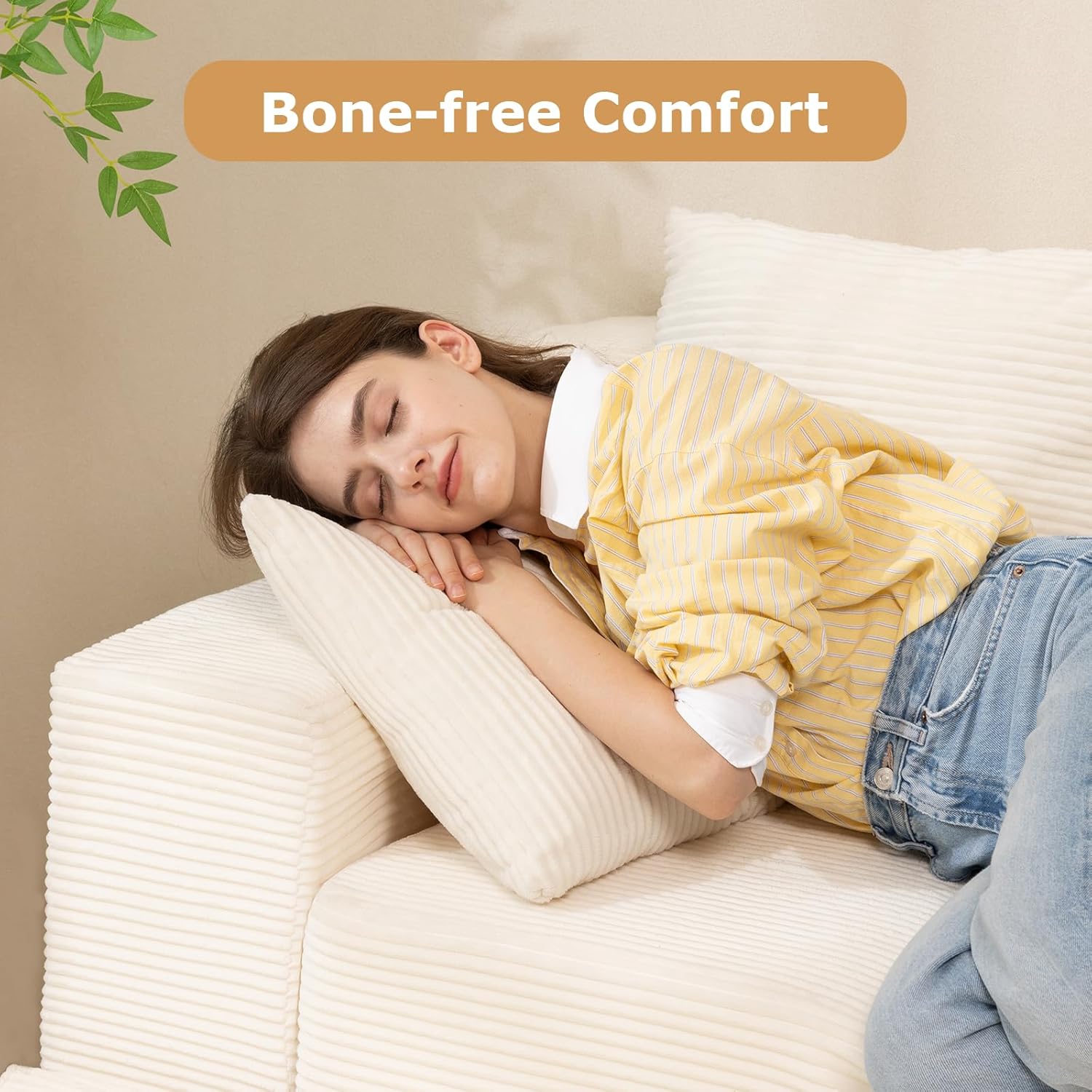 Convertible Futon Sofa Bed with Ottoman, 5 in 1 Folding Couch Bed Loveseat Sleeper, Corduroy Boneless Couch with Deep Seat for Living Room Chaise Lounge Chair Indoor, No Assembly Required, Beige