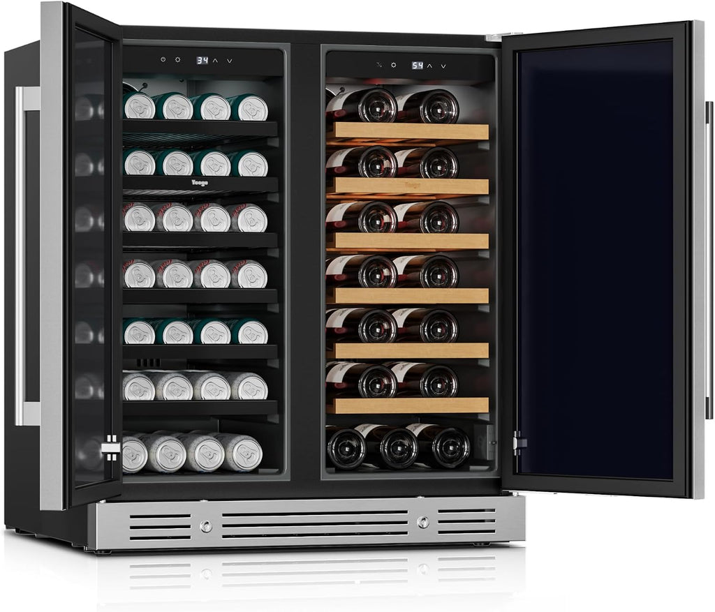 Yeego 30 Inch Wine & Beverage Cooler, Dual Zone 34–65°F, Holds 33 Wine Bottles & 80 Cans, Stainless Steel Door with Lock, Built-In or Under Counter Refrigerator for Indoor & Covered Outdoor Use
