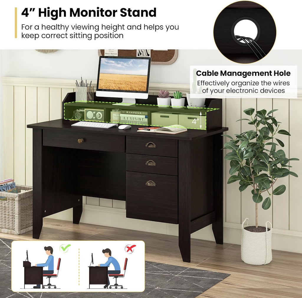 Tangkula Computer Desk with 4 Storage Drawers & Hutch, Home Office Desk Vintage Desk with Storage Shelves, Wooden Executive Desk Writing Study Desk (Black)