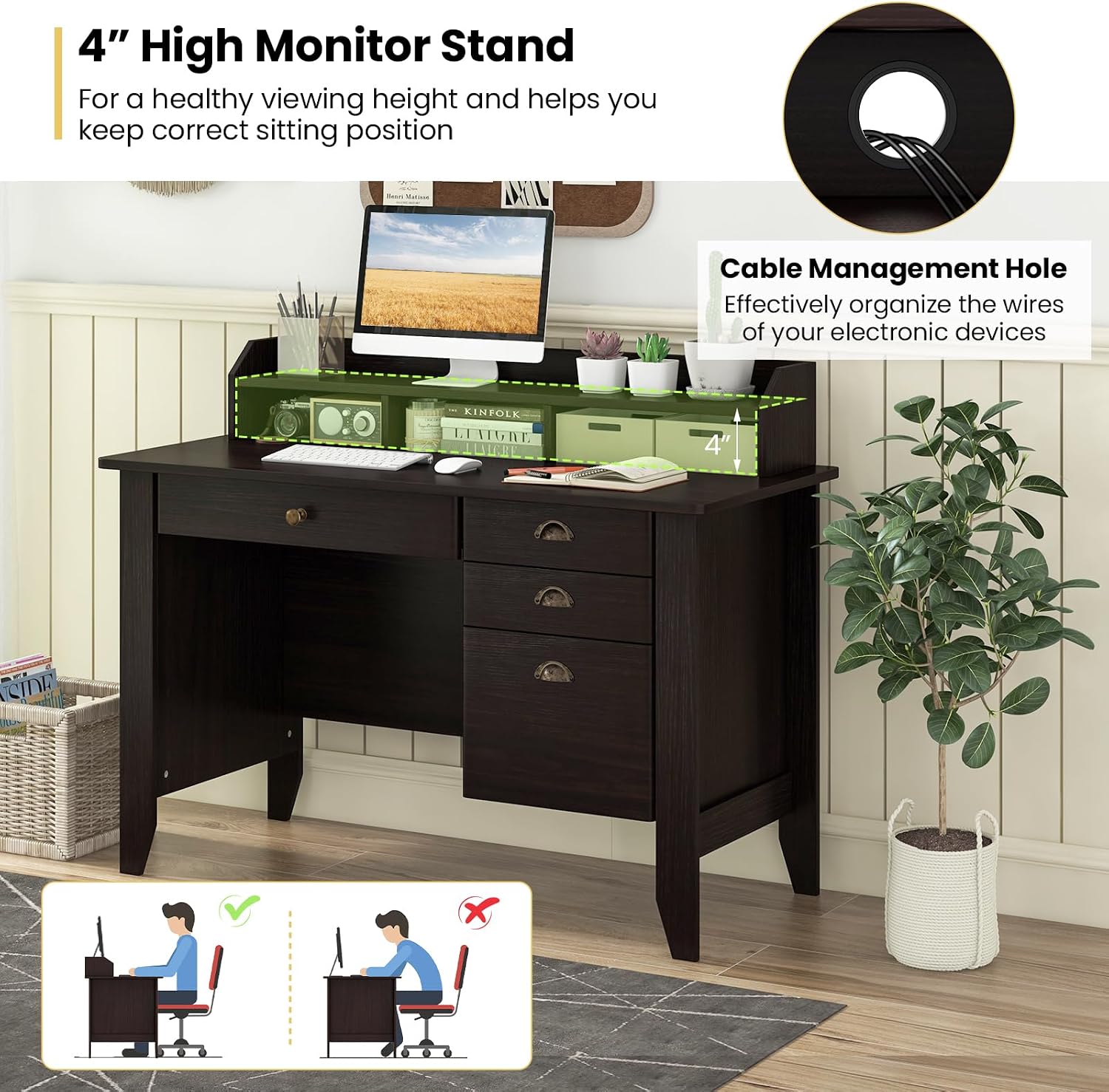 Tangkula Computer Desk with 4 Storage Drawers & Hutch, Home Office Desk Vintage Desk with Storage Shelves, Wooden Executive Desk Writing Study Desk (Black)