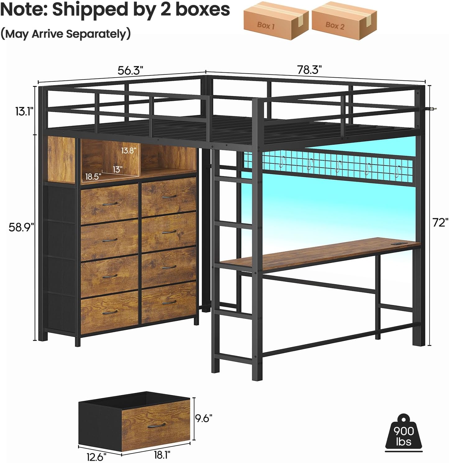 ADORNEVE Full Size Loft Bed with Desk and 8 Storage Drawers, LED Metal Loft Bed with Power Outlet, 2 Shelves & Clothing Rack, Bed with Safety Guardrail & Ladder,Space-Saving, Rustic Brown