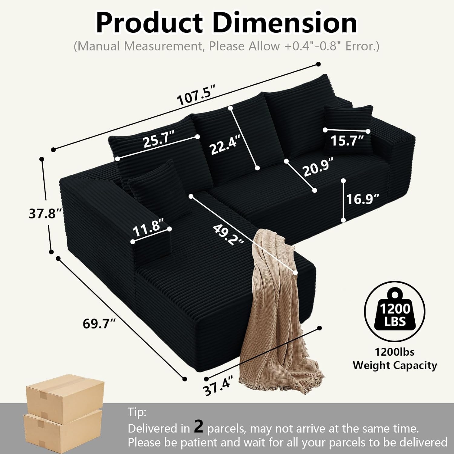 107' Cloud Sectional Couch with L-Shape Chaise, Modern Modular Comfy Sofa with Deep Seat, Upholstered Corduroy Couches Sleeper Chaise Longue for Living Room Bedroom, No Assembly Required, Black