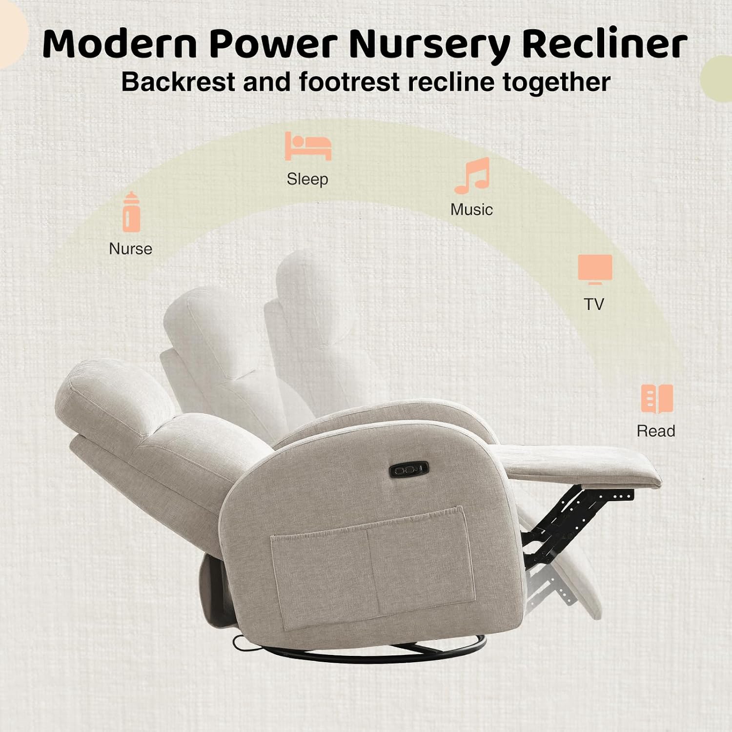 Nursery Glider Recliner, Power Swivel Rocking Recliner with USB & Type-C Port, Swivel Nursering Reclining Rocker with Double Pockets for Living Room, Camel Chenille