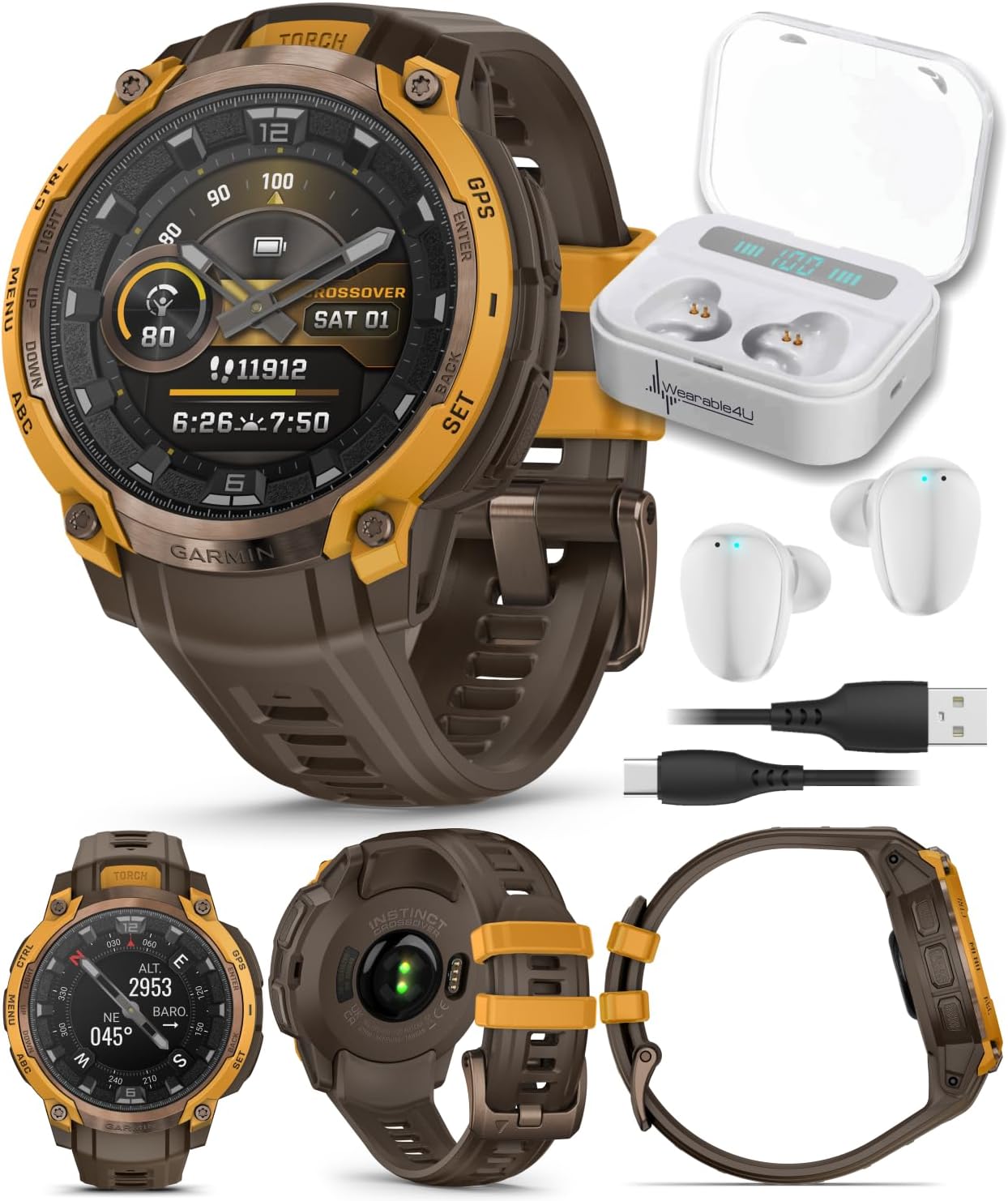 Garmin Instinct Crossover 1.2' AMOLED Sapphire Rugged Hybrid GPS Smartwatch, Analog Hands, Health & Wellness Monitoring, Sleep Tracking, Charcoal White Earbuds Bundle