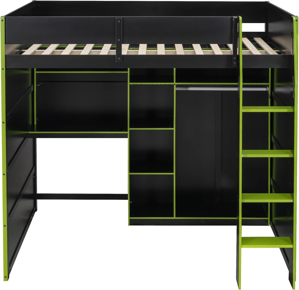Merax Wood Loft Bed with Desk, Open Wardrobe, Storage Compartments and RGB Lights, Full Size, Green