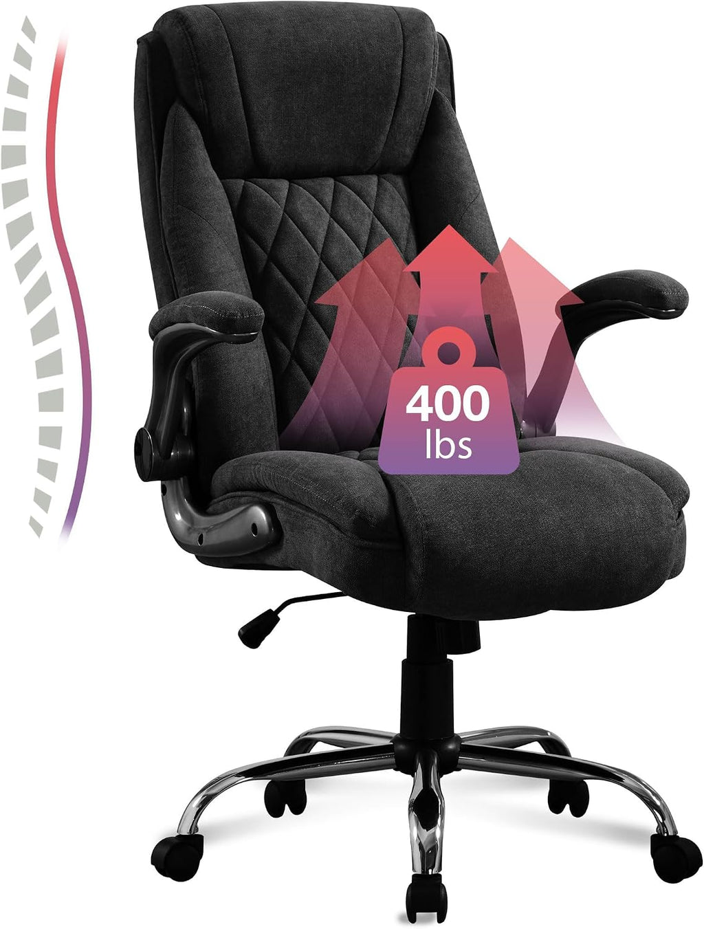 Big and Tall Fabric Office Chair 400lbs, High Back Executive Computer Desk Chair with Flip Up Armrest, Breathable Fabric Adjustable Height