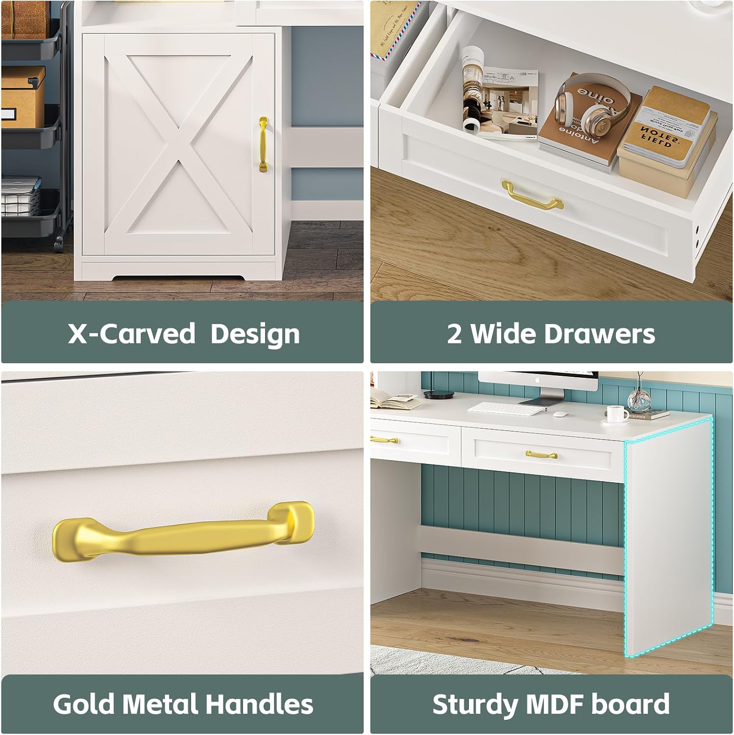 YOMILUVE 60' Computer Desk with Drawers & Bookshelves, Home Office Desk with Storage Cabinet & Spacious Desktop, Writing Gaming Study Table with Bookcase, White