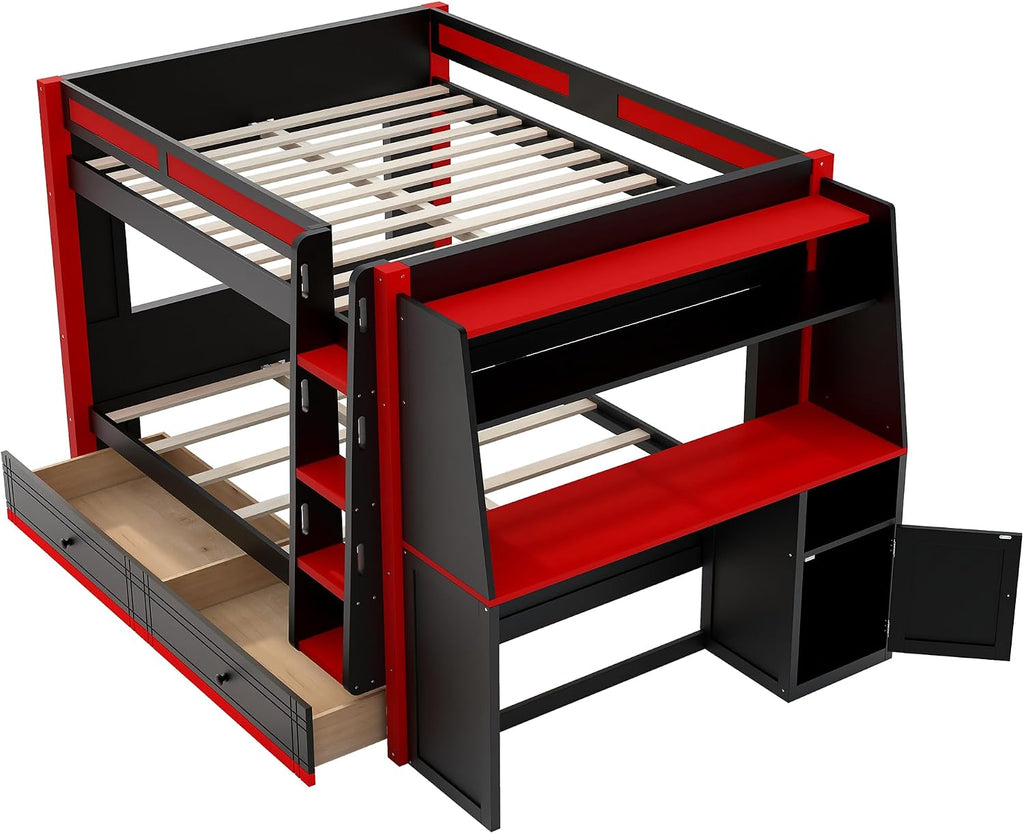 Full Size Multifunctional Bunk Bed with LED Light, Desk and Bookshelves, Drawers, Space-Saving Wooden Bunk Bed for Kids & Teens