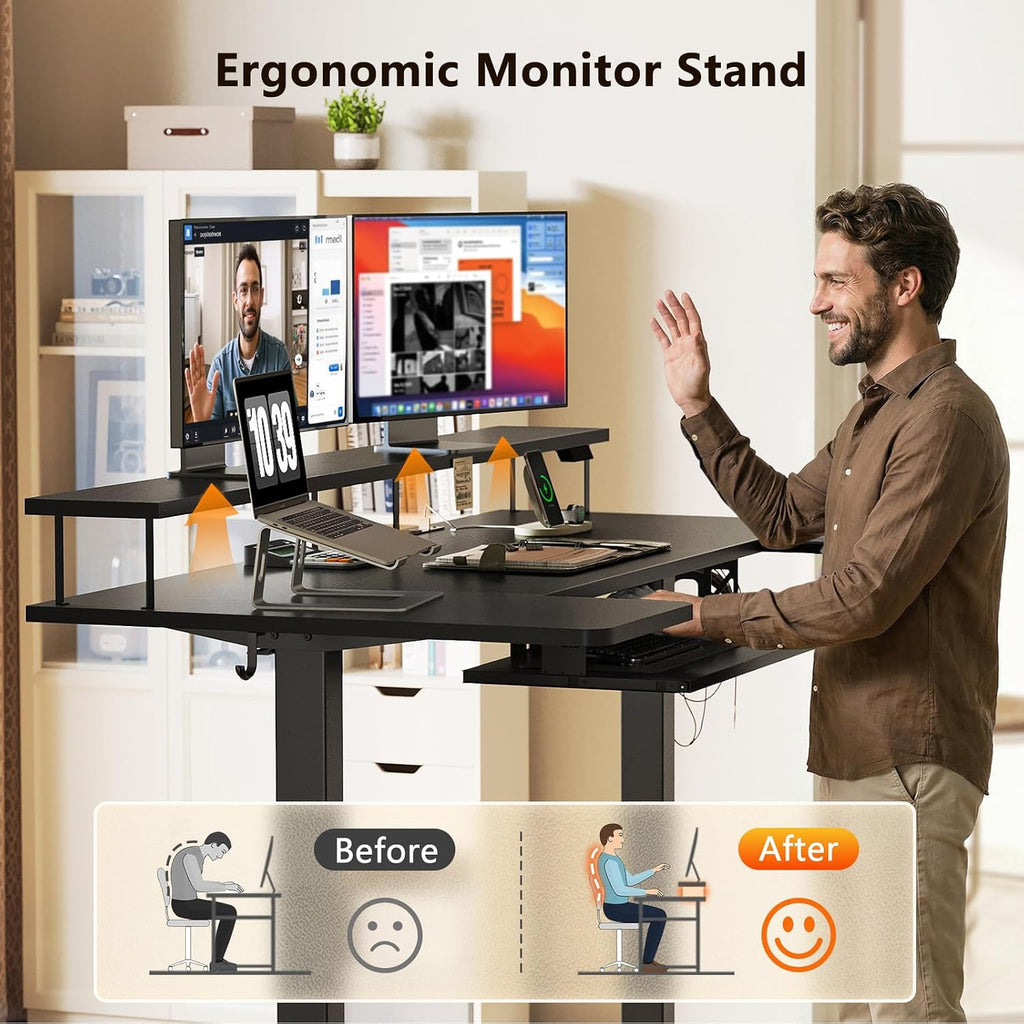 OffiGo U Shaped Electric Standing Desk with Keyboard Tray, 63 Inch Height Adjustable Desk with Power Outlets & LED Lights, Sit Stand Table with Monitor Stand for Home, Office, Black