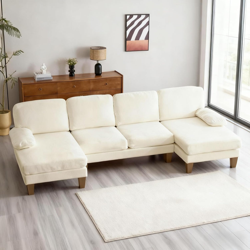 Karl home 111' Sectional Sofa U-Shaped 4-Seat Couch with Chaises Wood Grian Legs Chenille Fabric Upholstered for Living Room, Apartment, Office, Beige