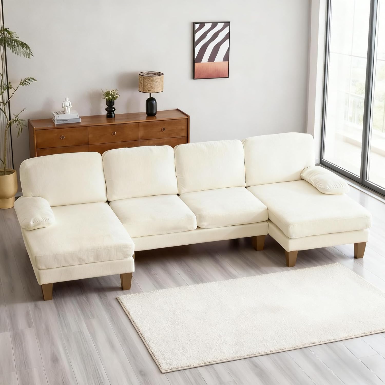 Karl home 111' Sectional Sofa U-Shaped 4-Seat Couch with Chaises Wood Grian Legs Chenille Fabric Upholstered for Living Room, Apartment, Office, Beige
