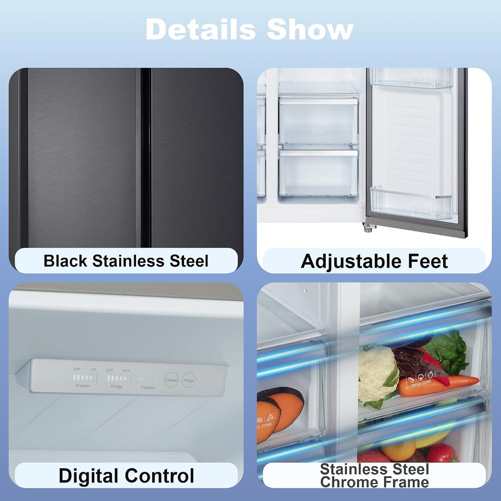Iceblue 20.7 Cu.Ft. Side-by-side Refrigerators, 36' Full Size Refrigerator, Zoning Temperature Control Beverage Refrigerator with Freezer, Frost Free Beverage Fridge - Black Stainless Steel
