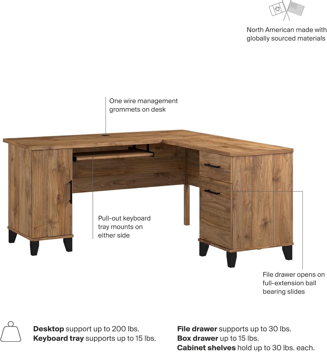Bush Home 60-Inch L-Shaped Desk with Storage, Corner Computer Office Desk with Drawers and Storage Cabinet, Home Office Furniture, Somerset Collection, Fresh Walnut