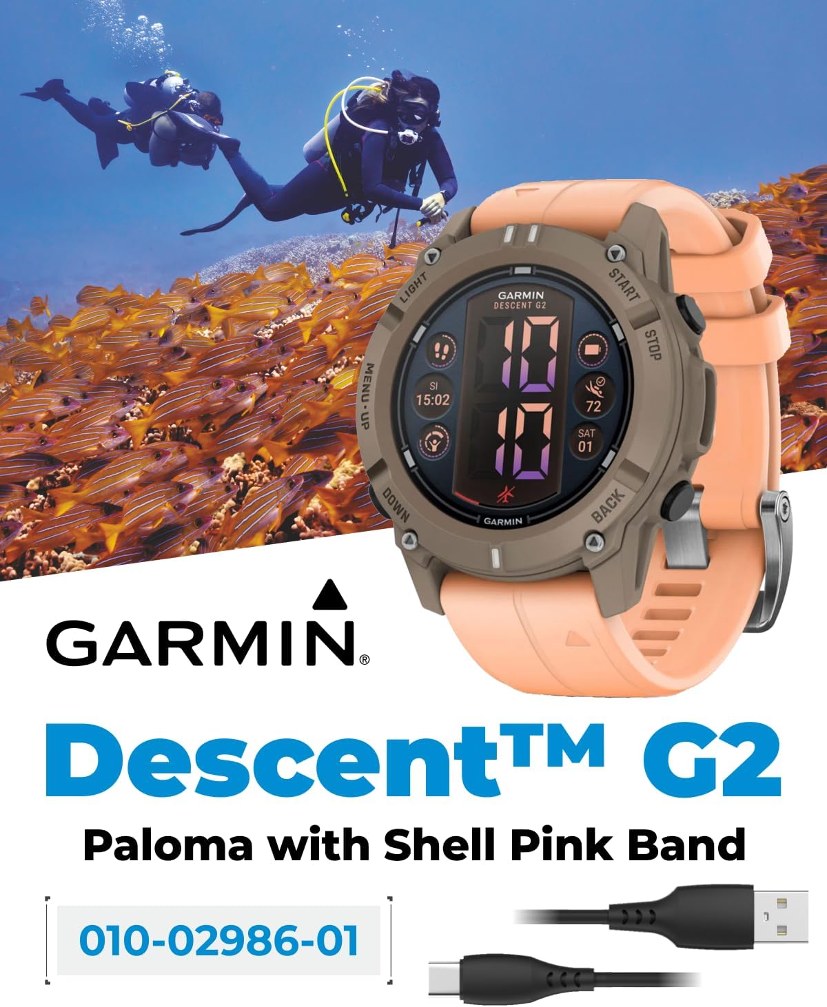 Garmin Descent G2 Watch-Style Dive Computer Smartwatch, Diving Paloma with Shell Pink Band, AMOLED Display, Diving PowerBank Bundle