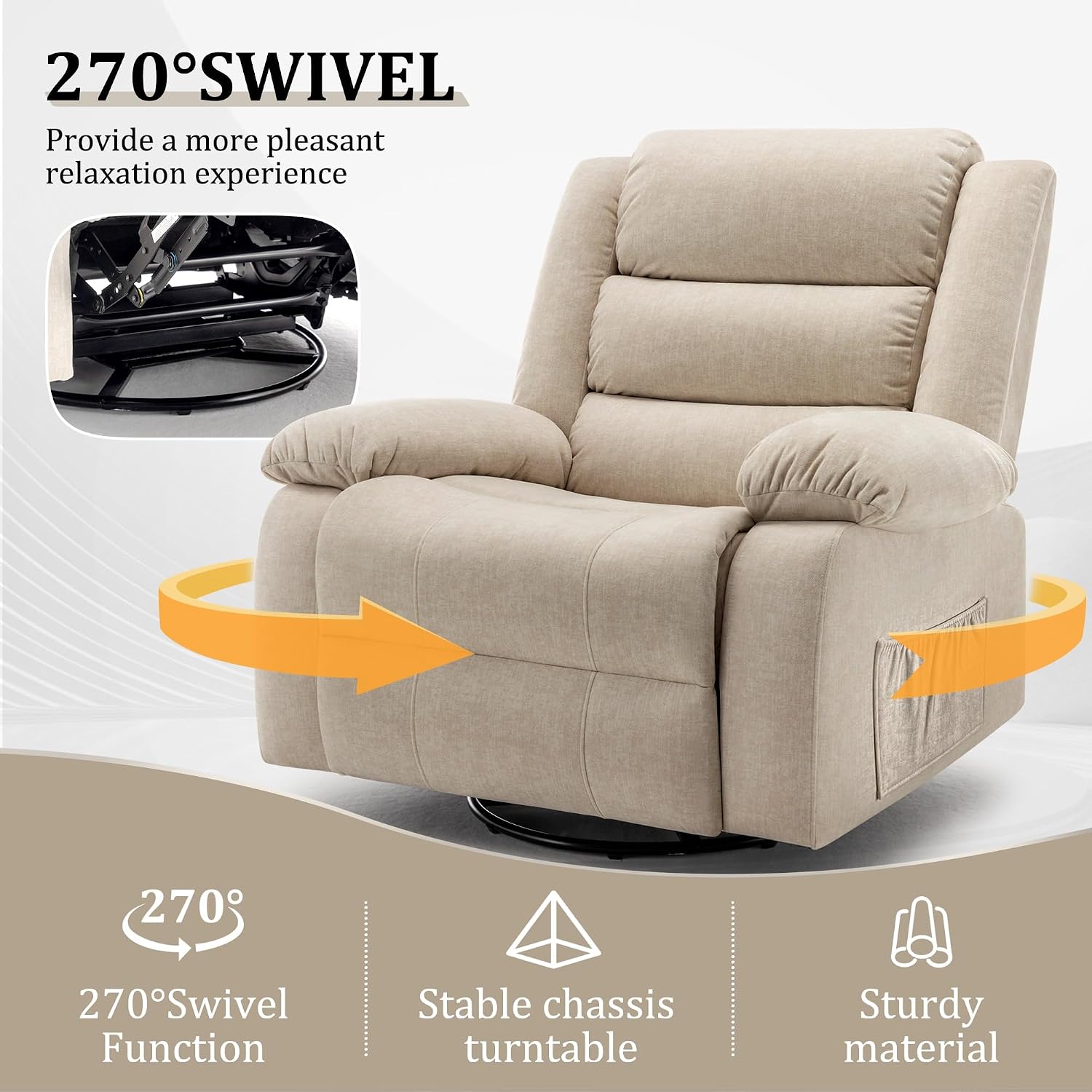 Korser Power Recliner Chair, Electric Rocker Recliner with Massage and Heat, 270° Swivel Glider, Oversized Wide Seat with USB Port, Cashmere Nursery Chair for Living Room, Khaki
