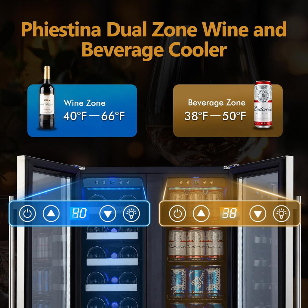 Phiestina Wine and Beverage Refrigerator, 24'' Wine Cooler- 20 Bottles&78 Cans, Built-in/Freestanding Dual Zone Wine Fridge with Glass Door, Removable Shelves for Home/Bar/Office