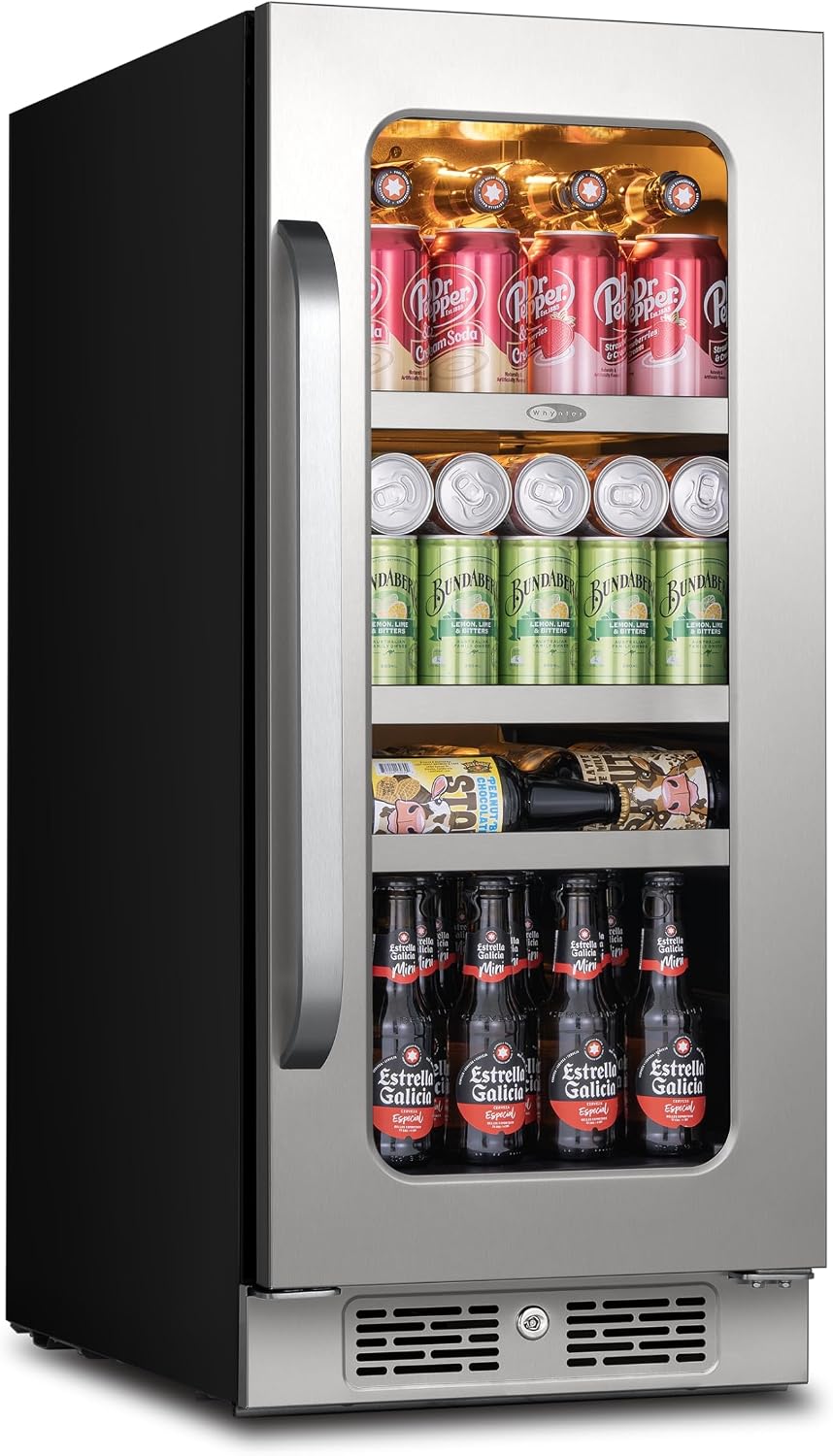 Whynter Beverage Refrigerator 15 inch Drink Fridge with Glass Door Beverage Fridge Cooler 80 Can Under Counter Built in Freestanding Fridge 34-54°F for Soda Beer Home Bar Luxury Series
