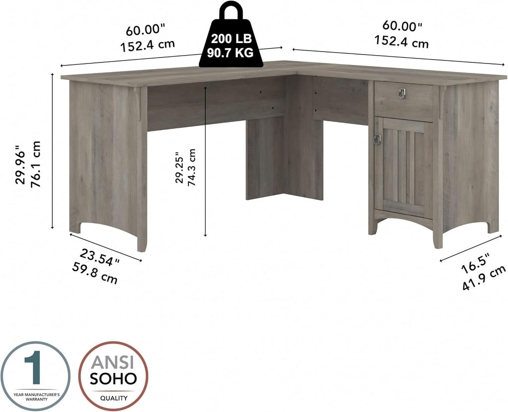 Bush Home L Shaped Desk with Storage for Home Office, Modern Farmhouse Corner Table with Drawers and Cabinets, Salinas Collection, Driftwood Gray