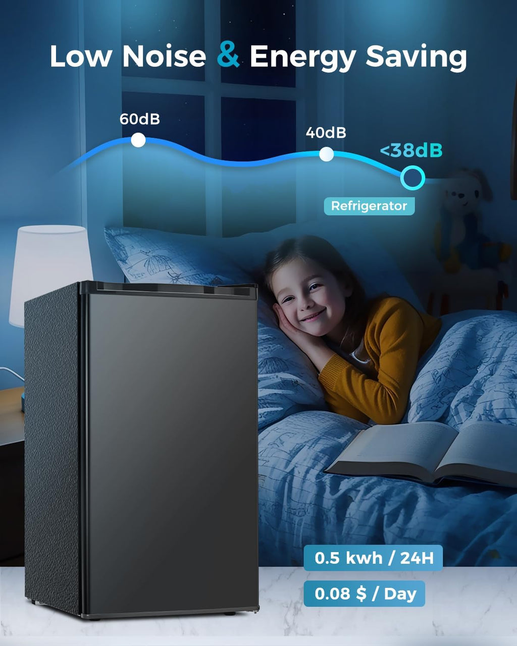 Feelfunn Mini Fridge with Freezer - 3.2 Cu.Ft Single Door Mini Refrigerator with Adjustable Thermostat, Small Fridge for Bedroom, Apartment, Dorm - Black