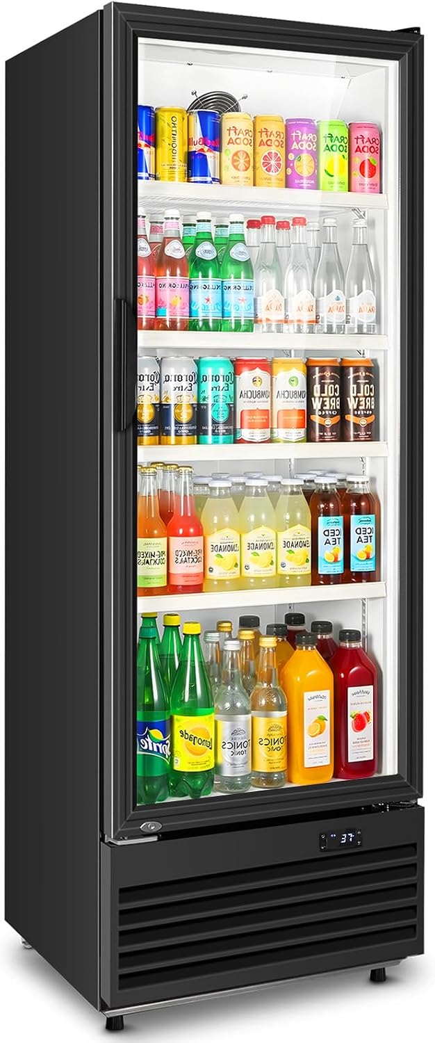 Commercial Beverage Refrigerator, 24.5' Glass Door Display Fridge, 15 Cu.Ft Freestanding Beverage Cooler with 4 Adjustable Shelves, Auto Rebound Door, Low Noise, for Shops, Restaurants & Bars, Black